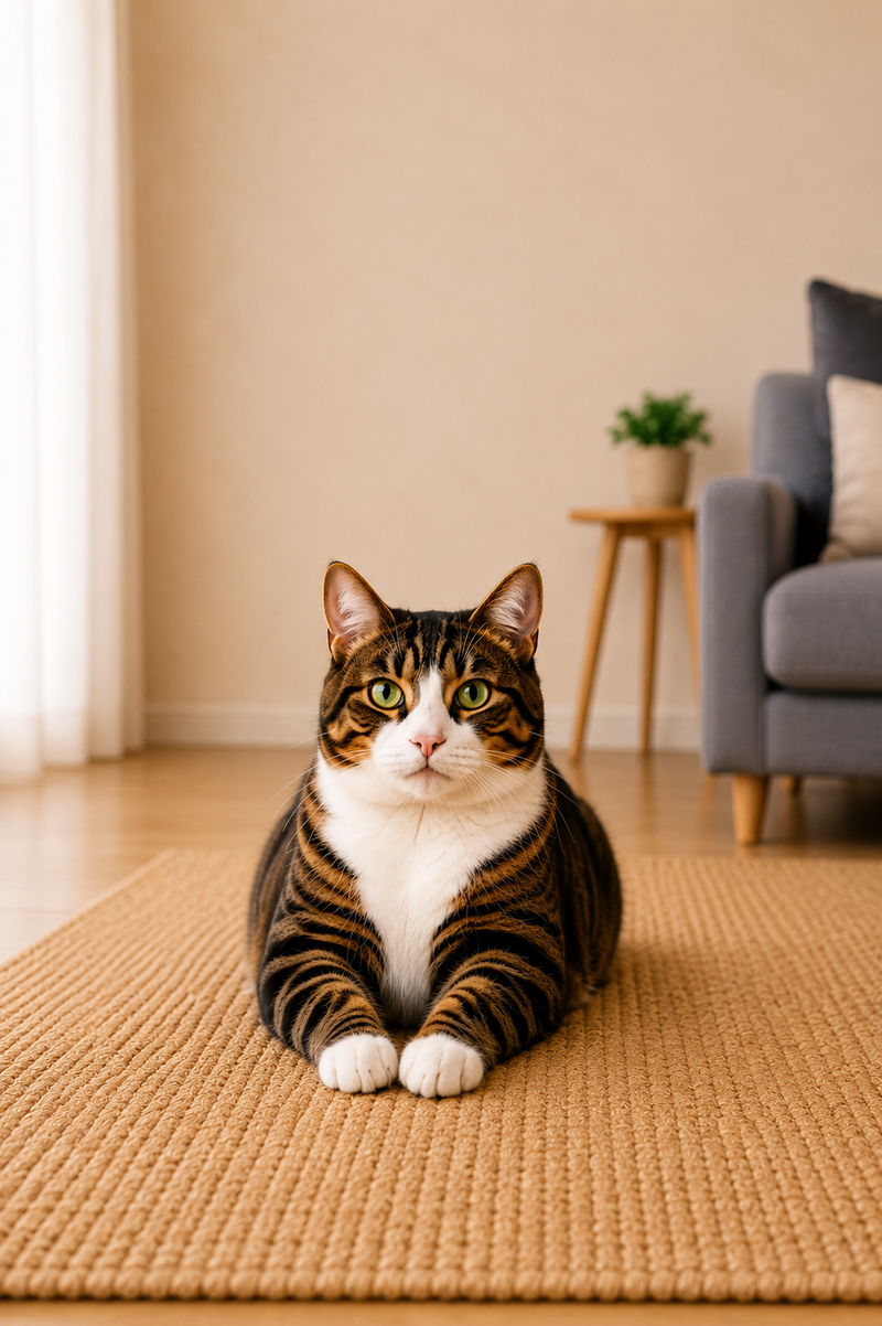 A brown and white tabby cat lies on a woven beige rug in a softly lit living room with a gray armchair and small side table in the background.
