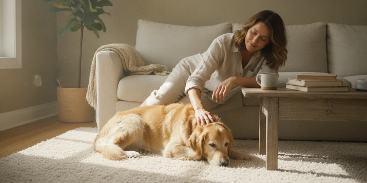 Dog resting calmly beside its owner at home