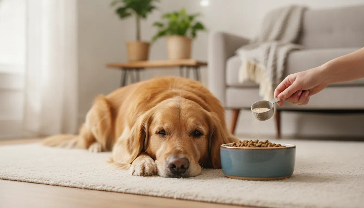 Dog resting beside a bowl while a pet parent compares probiotic options