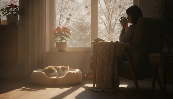 Cat resting beside a sunlit window while a cat parent observes