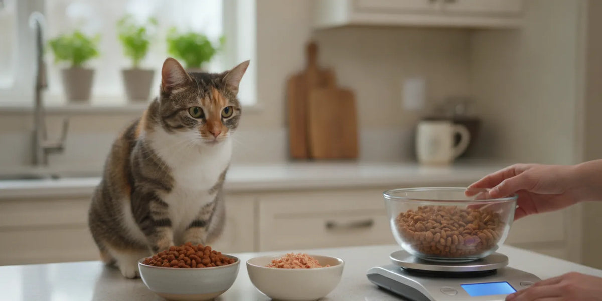 A cat eating measured food from a bowl beside a kitchen scale