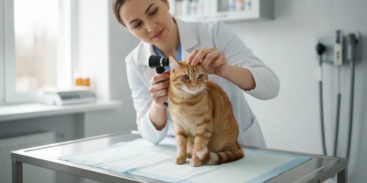 A veterinarian gently examining a cat’s ear in a calm clinic setting