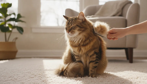 Pet parent gently brushing a long-haired tabby cat