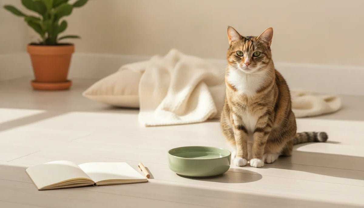 Calm tabby cat beside a water bowl in a bright home