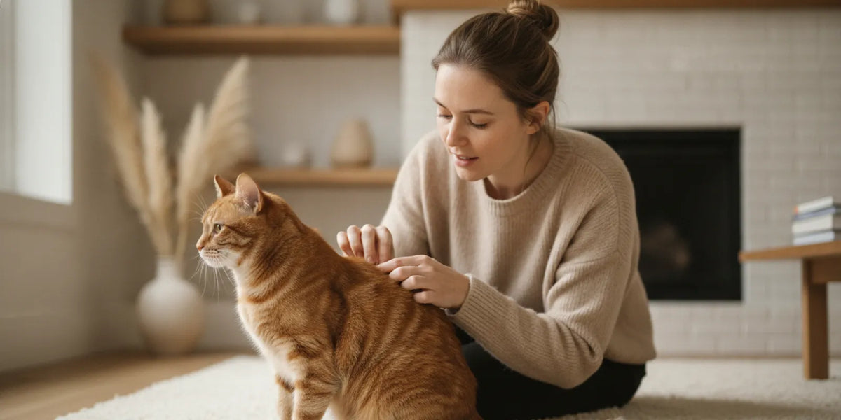 A healthy-looking short-haired cat sitting in soft natural window light while a person gently examines its coat