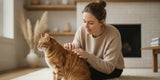 A healthy-looking short-haired cat sitting in soft natural window light while a person gently examines its coat