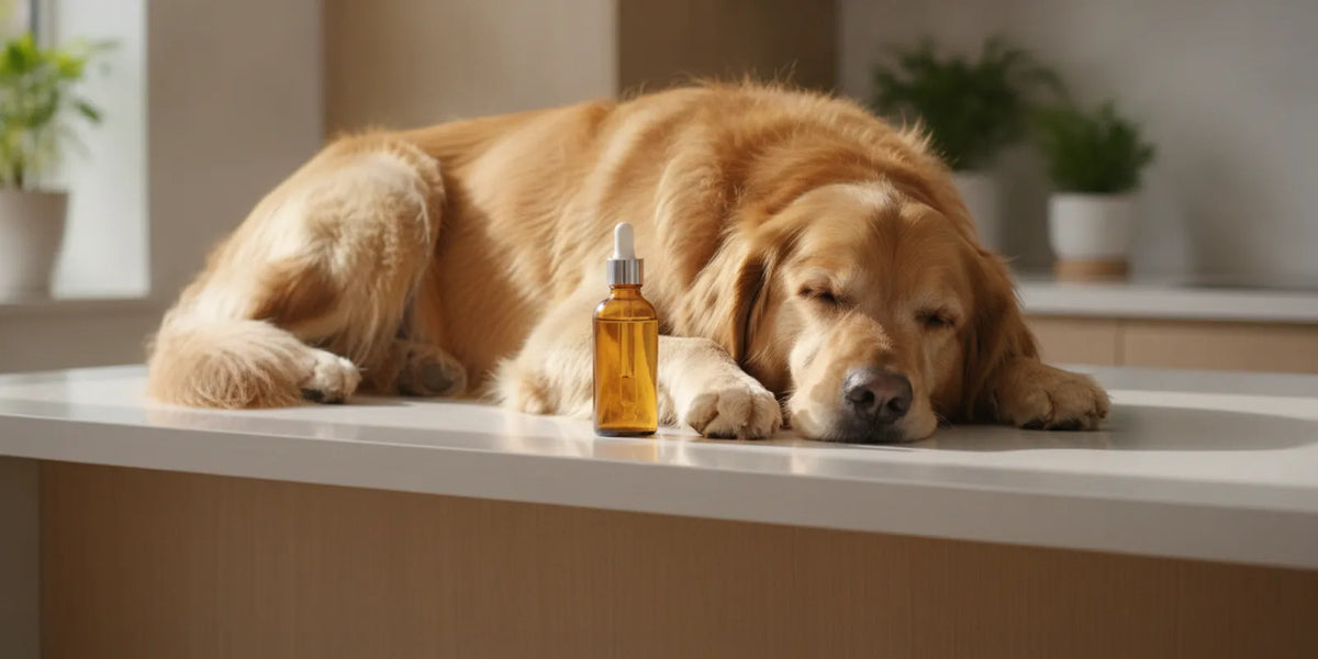 Dog resting beside a pet supplement bottle on a bright kitchen counter