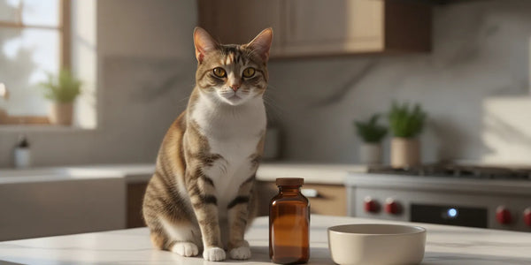 A cat sitting beside a small supplement bottle and food bowl