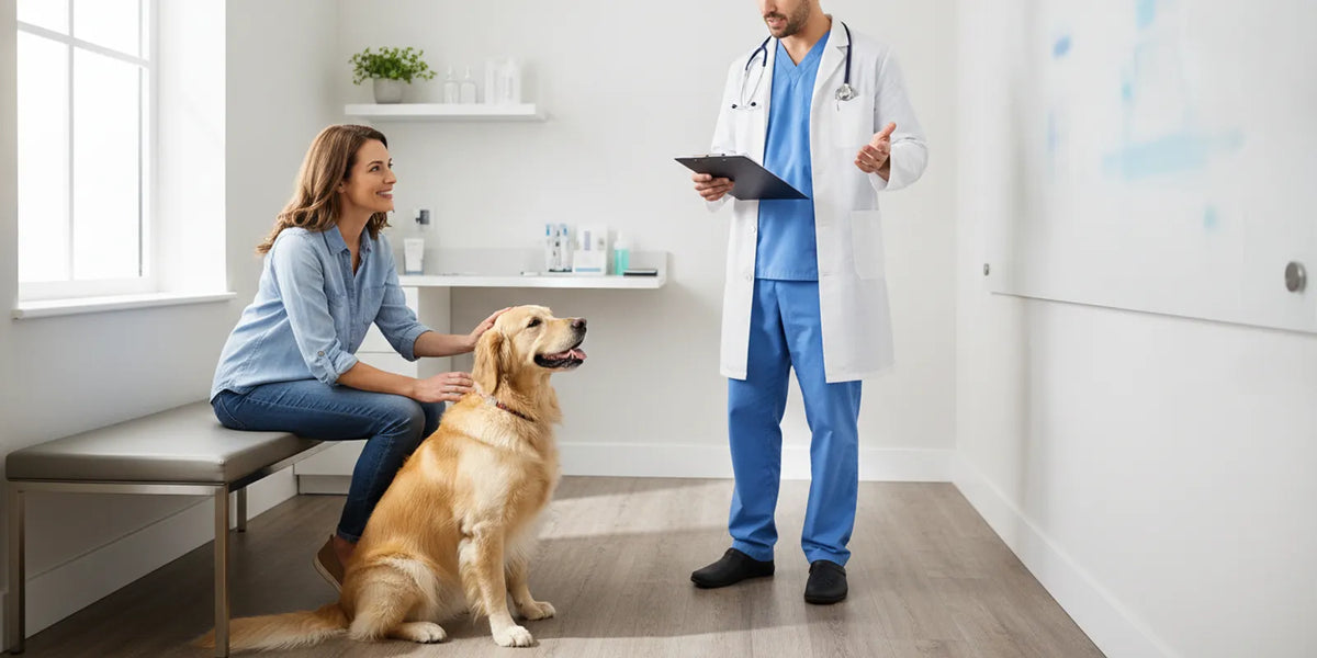 Veterinarian discussing dog allergy testing with a dog’s owner