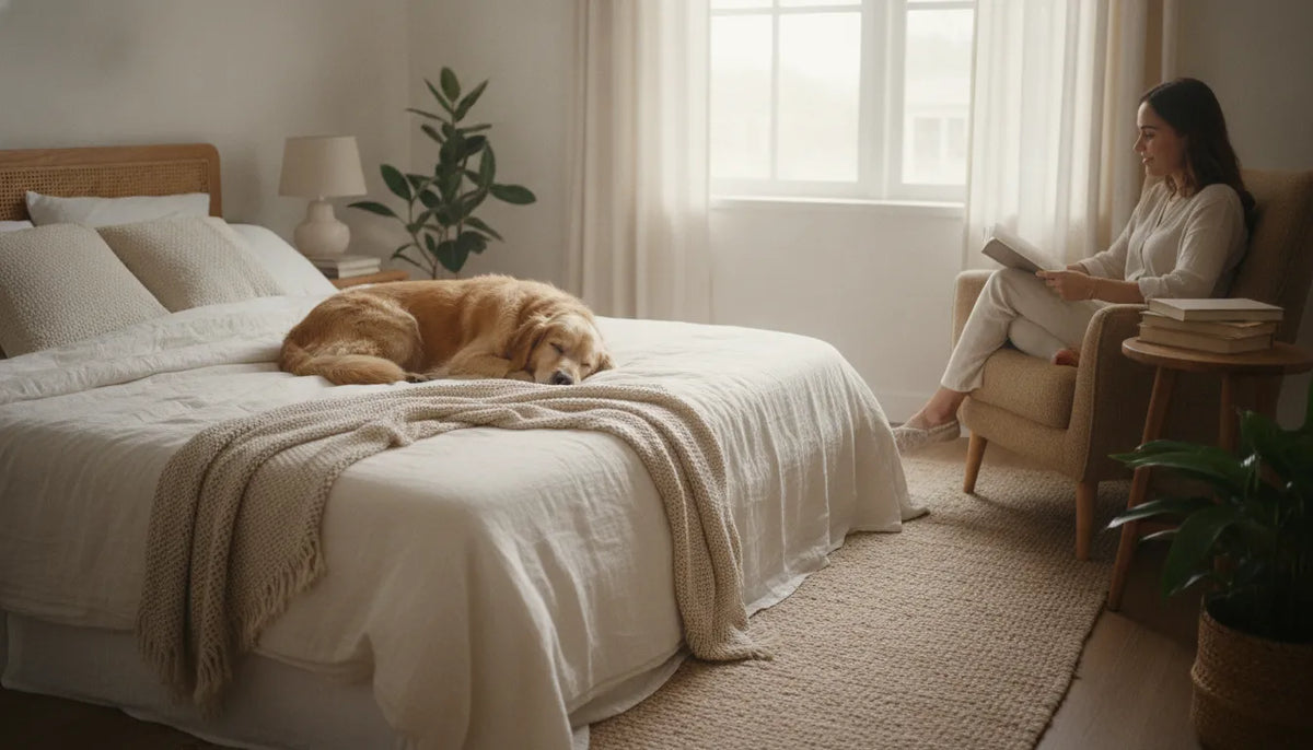 Dog resting calmly in a quiet home while its owner sits nearby