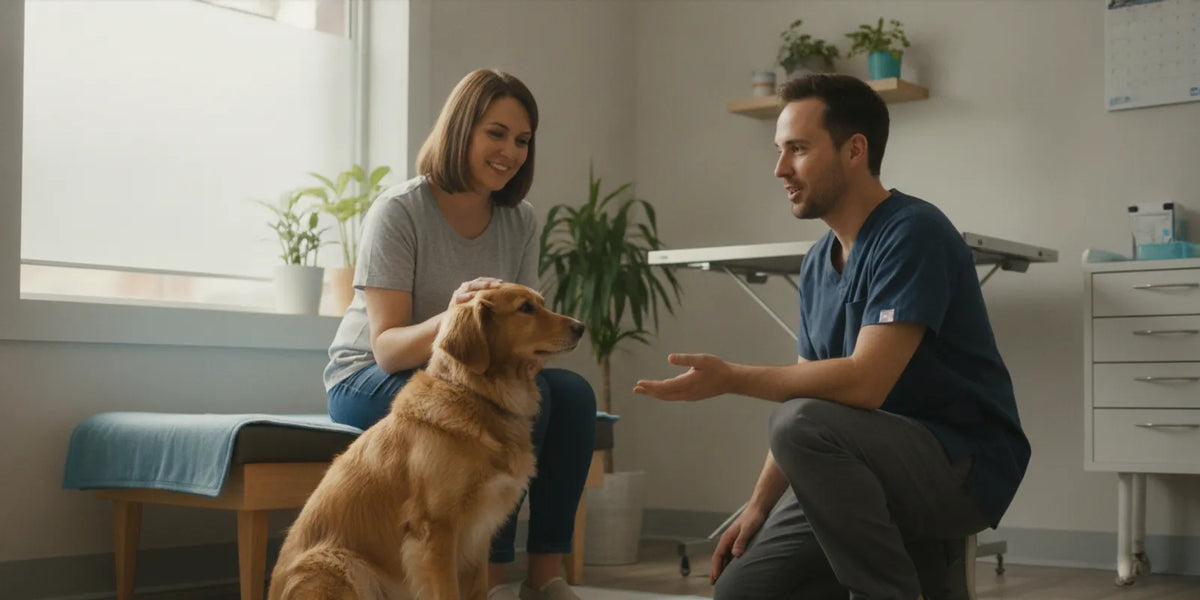 A dog resting beside its owner during a calm conversation with a veterinarian in an exam room