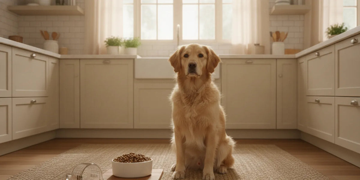 Dog beside a measured bowl of food on a kitchen floor