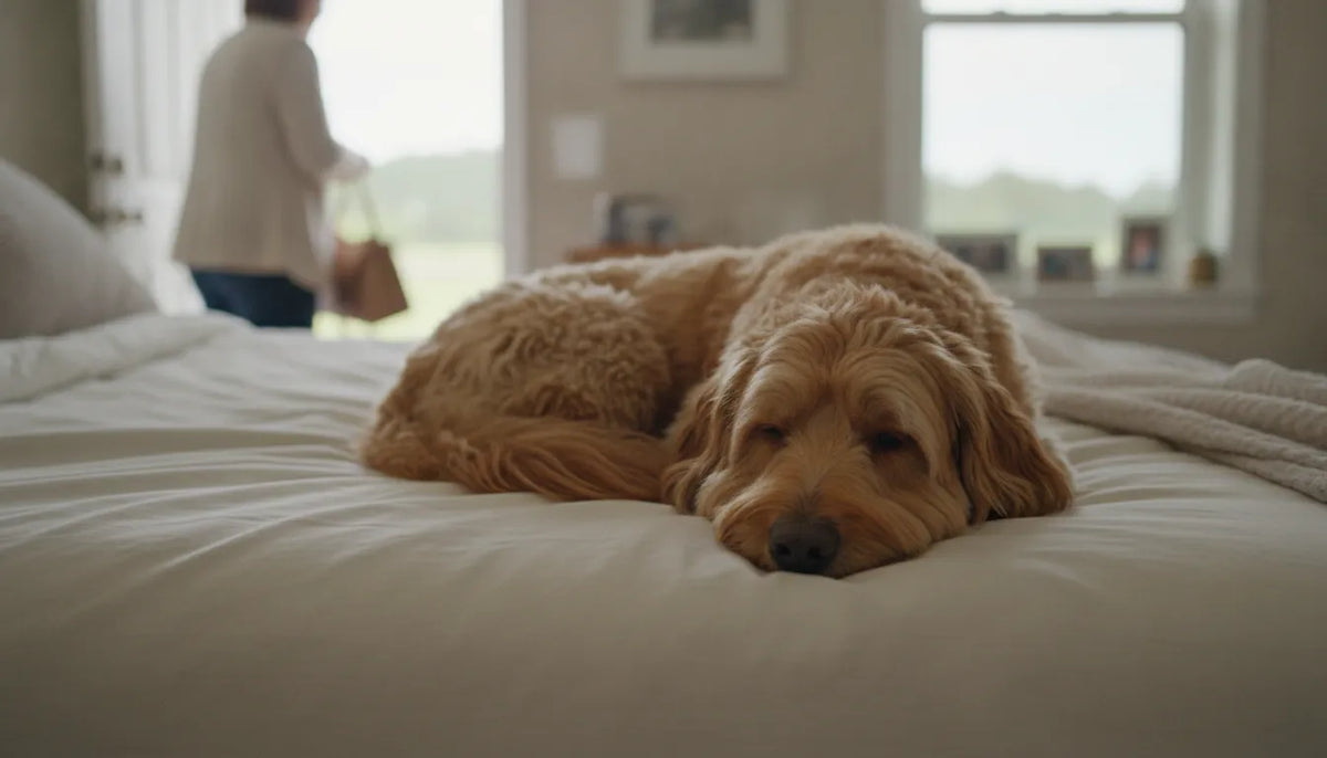 Calm dog resting at home as pet parent prepares to leave