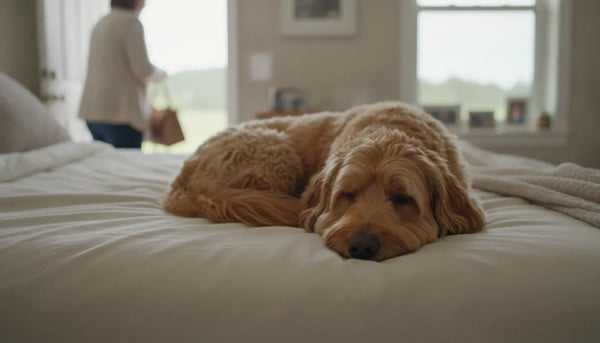 Calm dog resting at home as pet parent prepares to leave