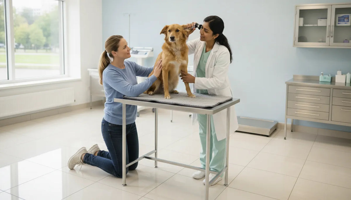 Veterinarian examining a dog's ear during dog yeast infection treatment guidance