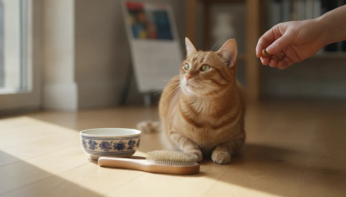 Cat beside a bowl and grooming brush while considering hairball control cat food