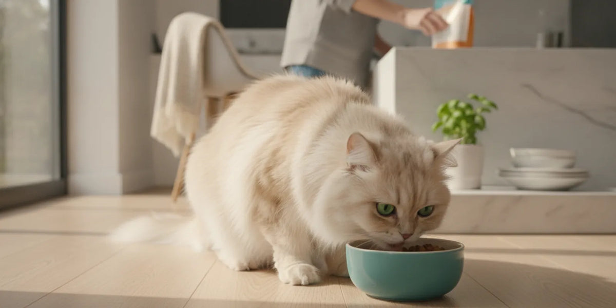 A cat eating from a clean bowl of food in a bright home kitchen