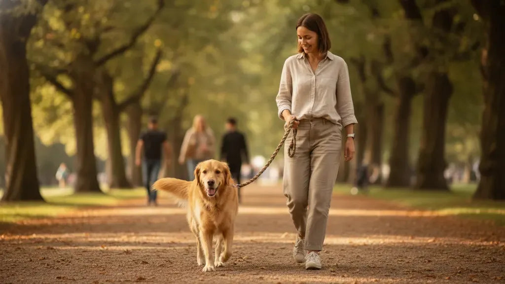 Dog walking comfortably with a pet parent while considering joint supplements for dogs