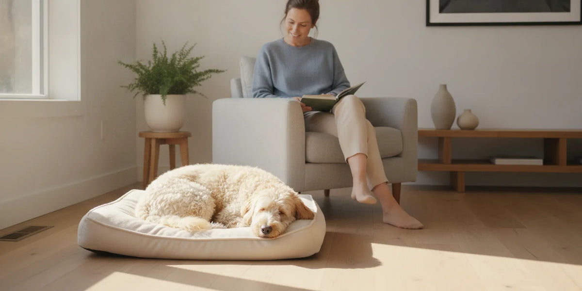 Dog resting comfortably at home while its owner checks on it
