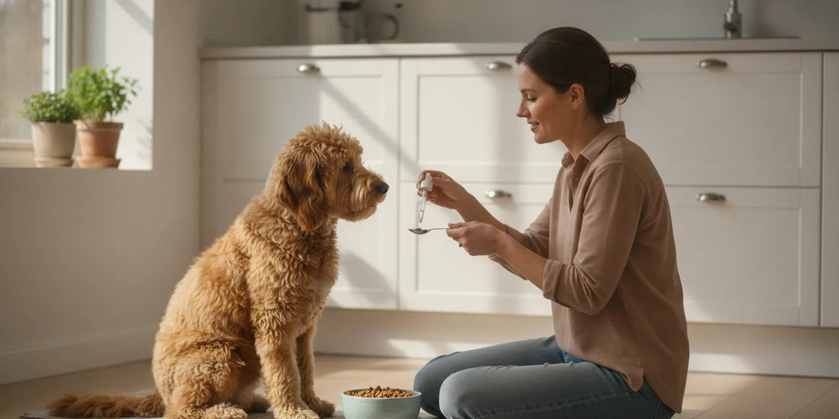 A dog calmly taking liquid supplement drops from a pet parent at home