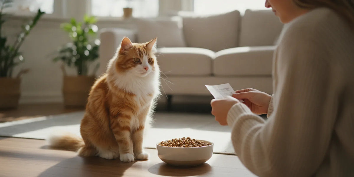 A cat sitting beside its food bowl while a pet parent reviews a supplement label