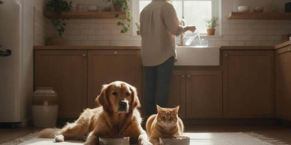Dog and cat beside their food bowls in a bright home kitchen