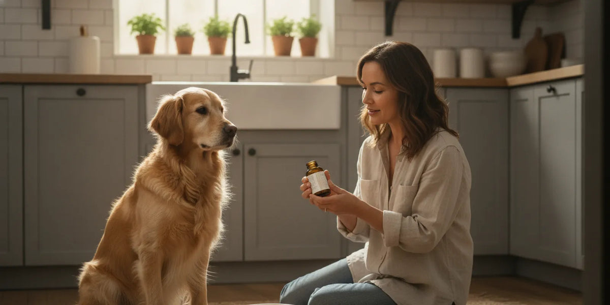 Dog sitting beside its food bowl while a pet parent reviews a supplement label