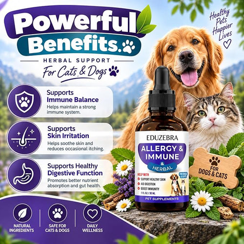 A bottle of Eduzebra Allergy & Immune herbal pet supplements is shown in front of a golden retriever and a tabby cat, with promotional text and icons about immune support, skin irritation, digestive function, and natural ingredients.