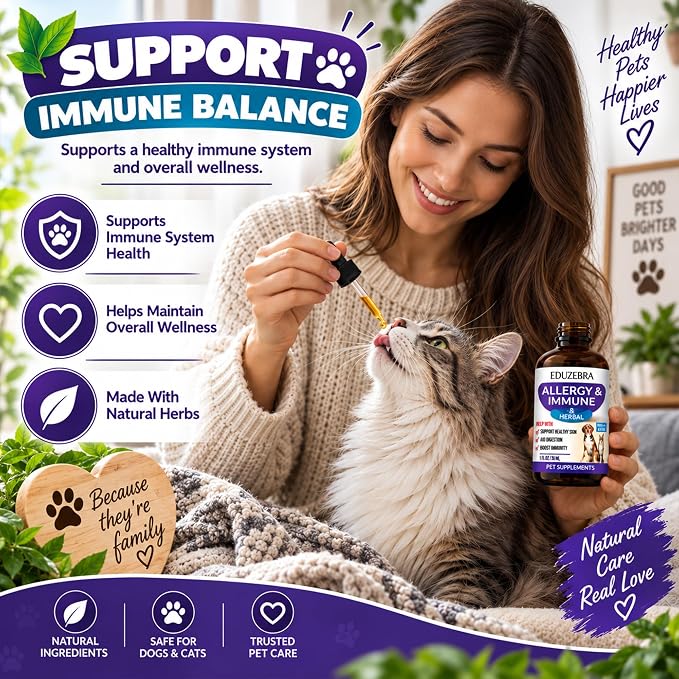 A woman in a cream knit sweater holds a dropper over a gray tabby cat while also holding a bottle of EquinePlus Allergies & Immune support supplement. The image is a promotional graphic with text callouts about immune support and wellness, set against a cozy indoor background with a framed sign and plants.