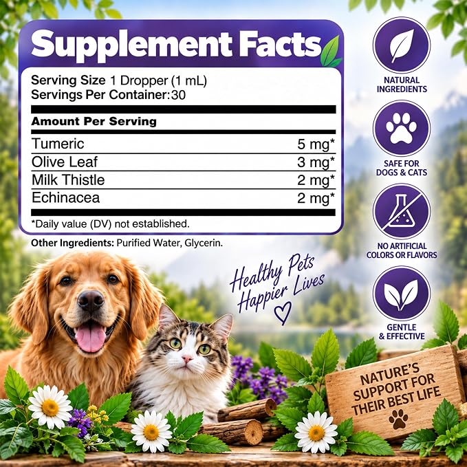 A supplement facts label for a pet dropper product, shown over a decorative outdoor scene with a golden retriever and a cat, flowers, leaves, and icons for natural ingredients, safe for dogs and cats, and gentle on pets.