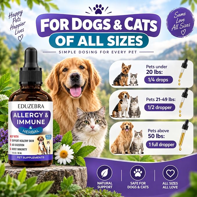 Promotional product graphic for the Eduzebra Allergy & Immune herbal pet supplement. The amber dropper bottle is shown on the left, alongside a golden retriever and a tabby cat on the right, with dosage guidance for pets of all sizes and feature icons at the bottom.
