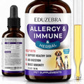 Eduzebra Pet Supplements Allergy & Immune Herbal liquid supplement shown in a large amber bottle, a smaller dropper bottle, and a clear tube containing yellow liquid on a white background.