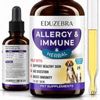 Eduzebra Pet Supplements Allergy & Immune Herbal liquid supplement shown in a large amber bottle, a smaller dropper bottle, and a clear tube containing yellow liquid on a white background.