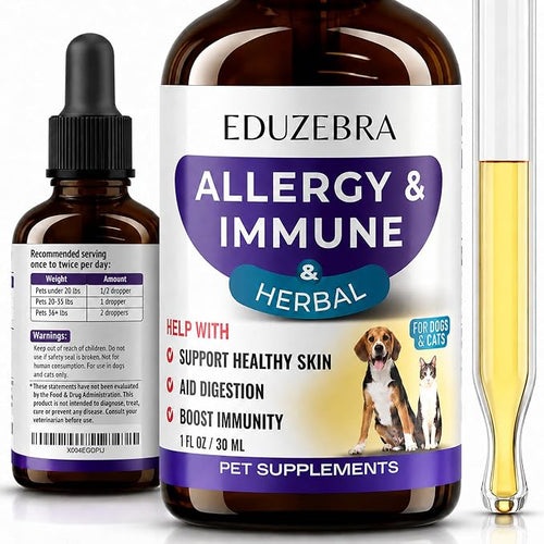 Eduzebra Pet Supplements Allergy & Immune Herbal liquid supplement shown in a large amber bottle, a smaller dropper bottle, and a clear tube containing yellow liquid on a white background.