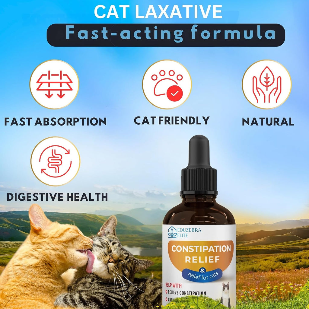 Cat laxative bottle with images of cats and text highlighting features on a scenic background