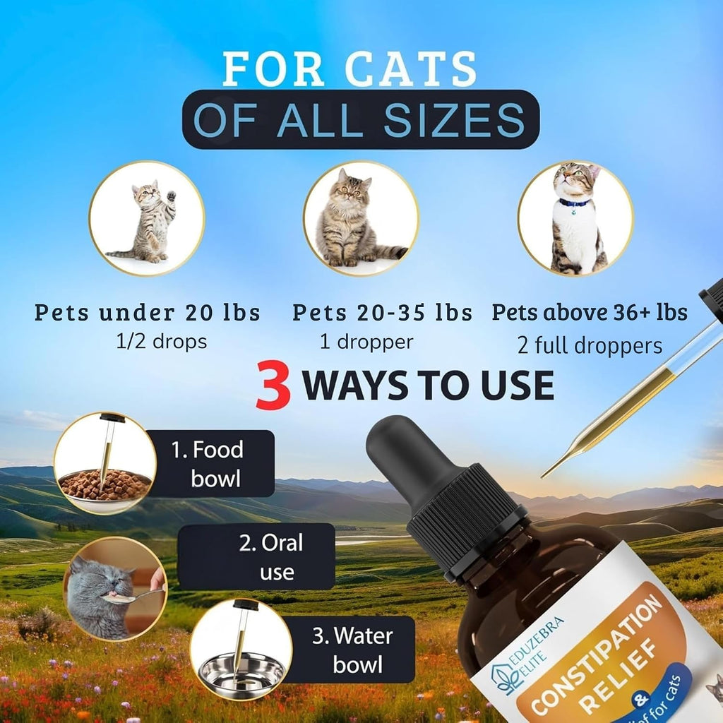 Bottle of constipation relief for cats with usage instructions and images of cats of different sizes.