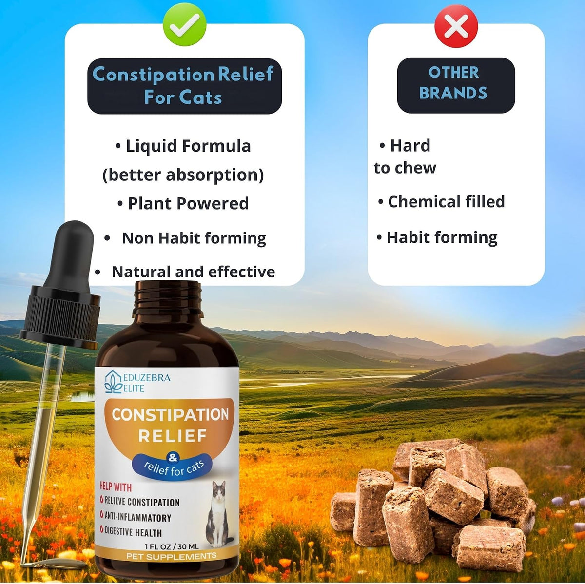 A bottle of Tulebra Naturals Constipation Relief for cats is shown with a dropper and several brown herbal tablets on a scenic grassy landscape background. Two informational text boxes compare the product's liquid formula benefits to other hard-to-chew brands.