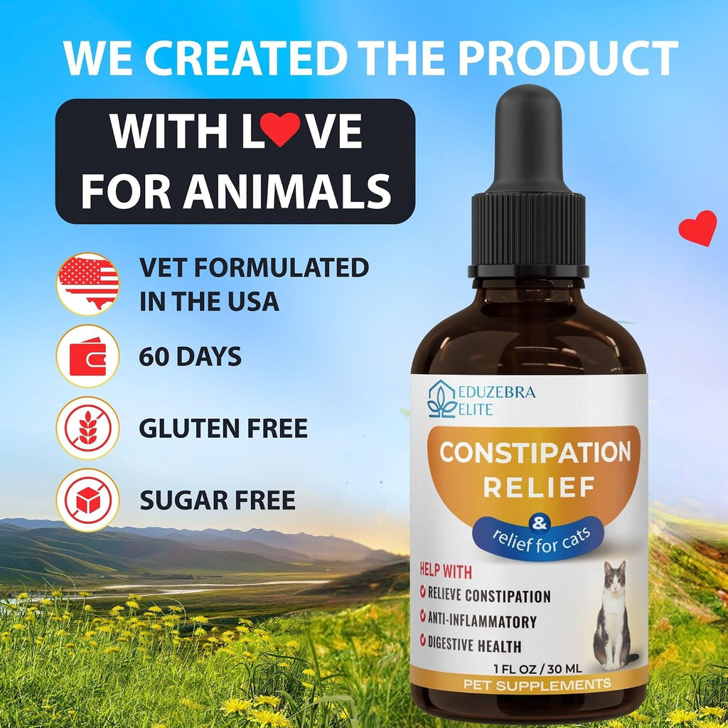Pet supplement bottle for constipation relief with a scenic background