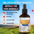 Pet supplement bottle for constipation relief with a scenic background