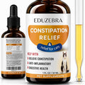 An amber glass dropper bottle labeled EDUZEBRA Constipation Relief & relief for cats, shown alongside the back of another bottle and a clear test tube containing yellow liquid on a white background.