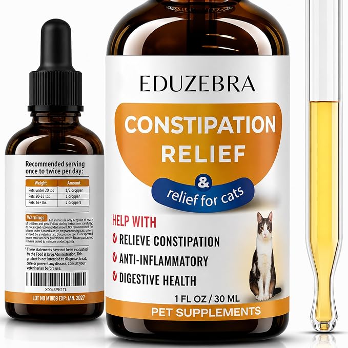 An amber glass dropper bottle labeled EDUZEBRA Constipation Relief & relief for cats, shown alongside the back of another bottle and a clear test tube containing yellow liquid on a white background.