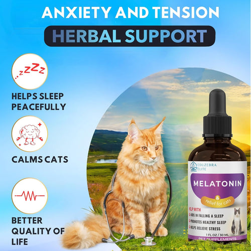 Melatonin supplement for cats with a cat and scenic background, labeled for anxiety and tension support.