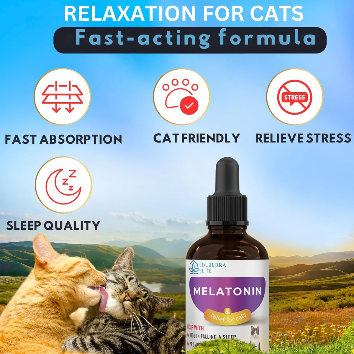 Melatonin supplement for cats with cat-themed graphics and a scenic background