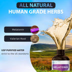 Advertisement for all natural human grade herbs with a bottle of Melatonin and Valerian Root, set against a scenic background.