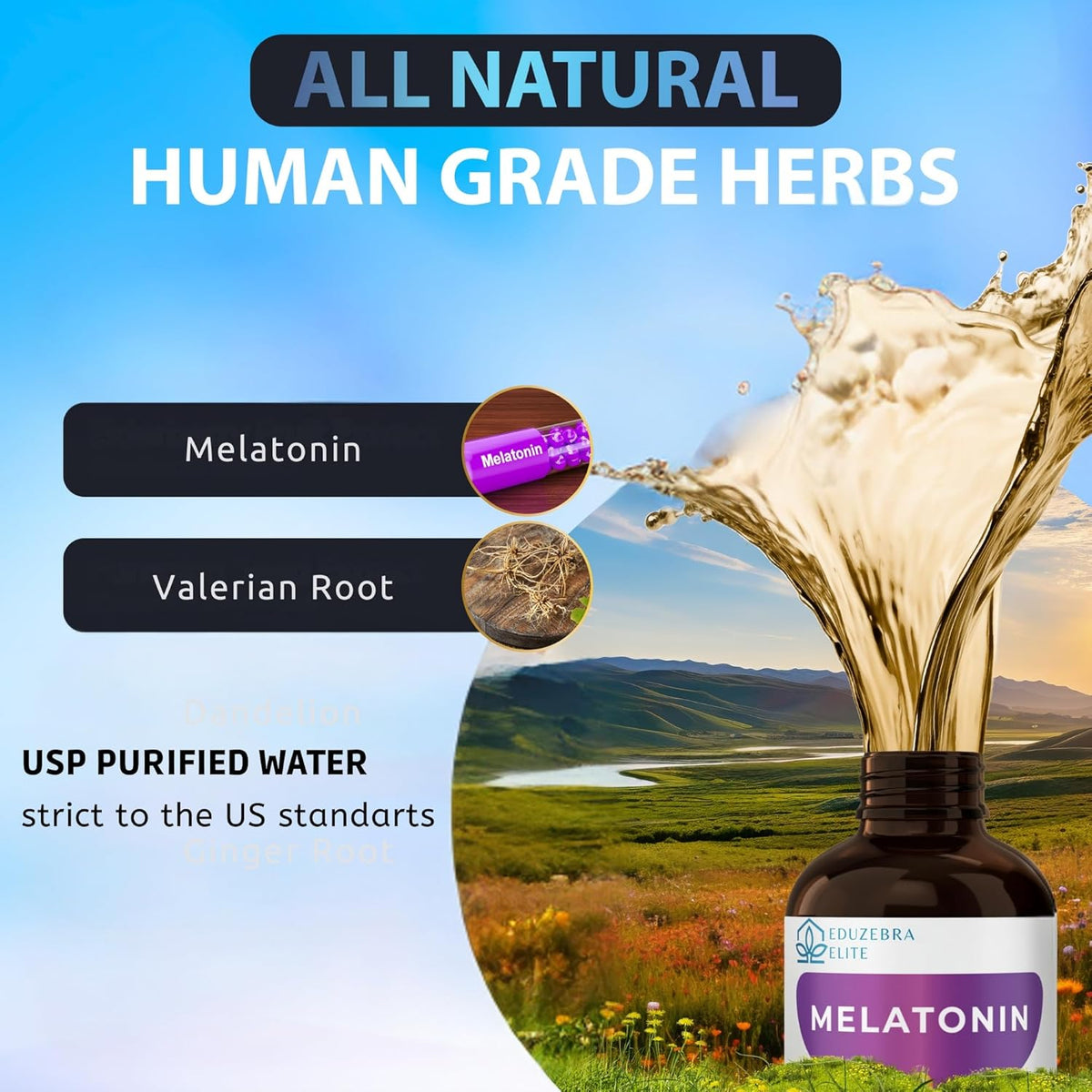 Advertisement for all natural human grade herbs with a bottle of Melatonin and Valerian Root, set against a scenic background.
