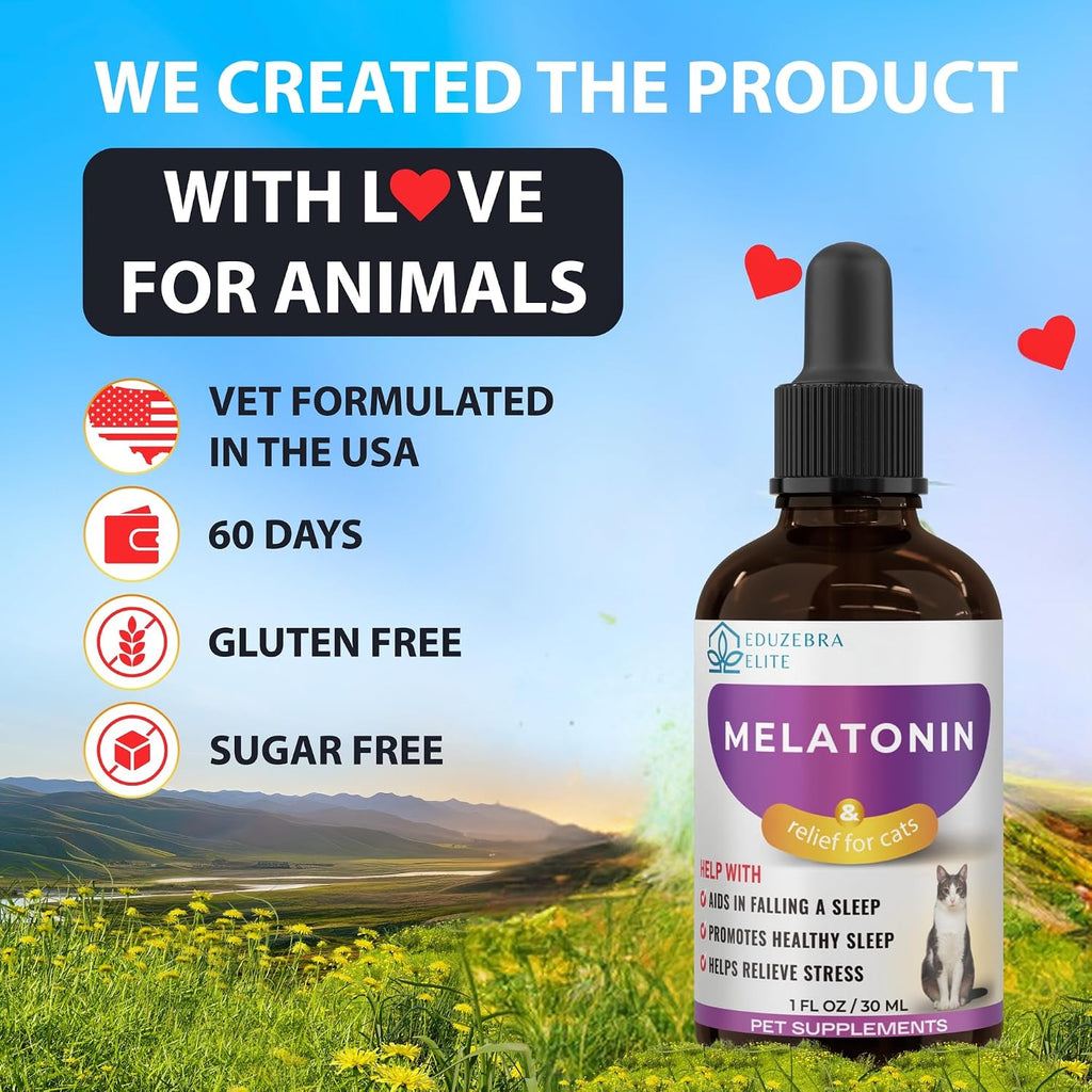 Melatonin bottle for pets with scenic background and product features listed