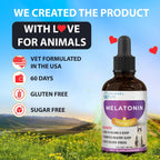 Melatonin bottle for pets with scenic background and product features listed