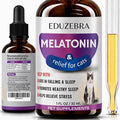 Eduzebra Melatonin & relief for cats pet supplement set, featuring a large amber bottle with a white and purple label, a smaller amber dropper bottle showing the recommended serving instructions, and a glass vial containing yellow liquid.