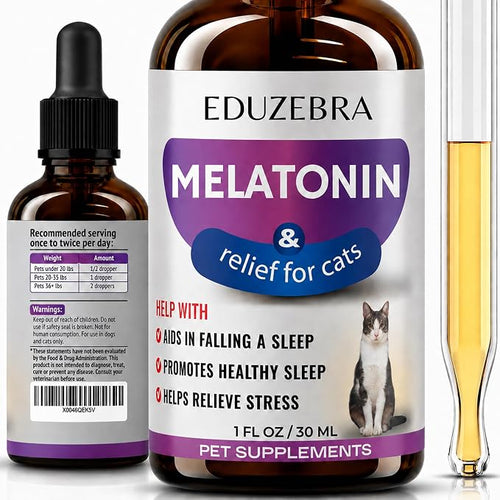 Eduzebra Melatonin & relief for cats pet supplement set, featuring a large amber bottle with a white and purple label, a smaller amber dropper bottle showing the recommended serving instructions, and a glass vial containing yellow liquid.