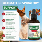 Pet supplement bottle with a dog and cat on a blue background, highlighting respiratory support.
